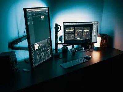 Developer workstation with monitors lit in teal