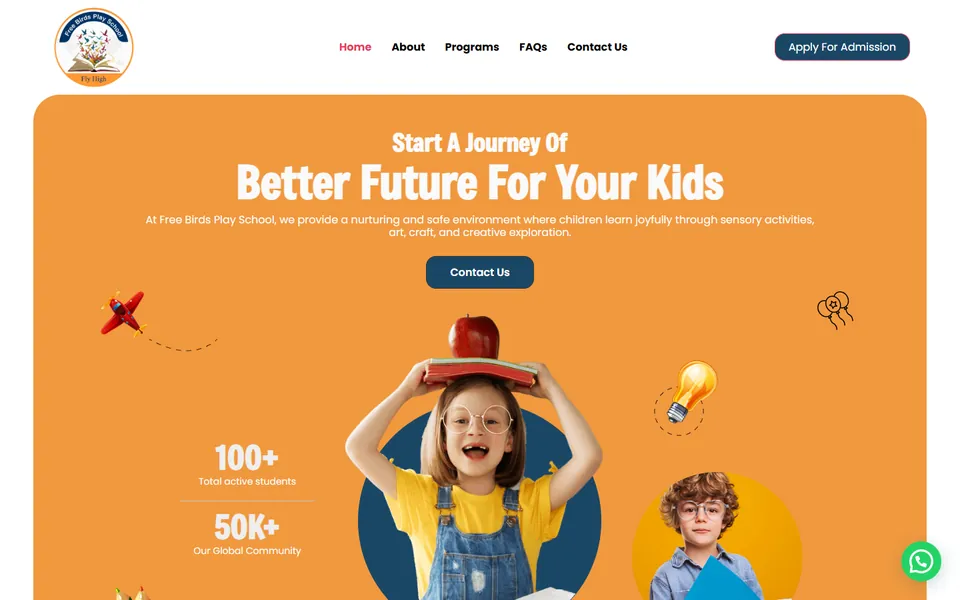 Homepage of Free Birds Play School on desktop, designed and built by Razegreen