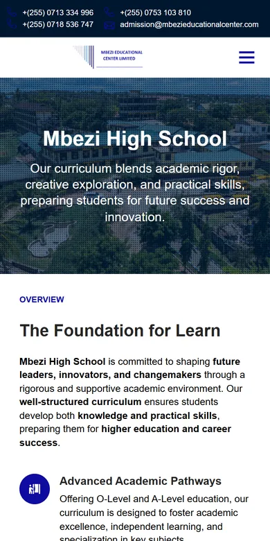 Mbezi High School website on a mobile phone