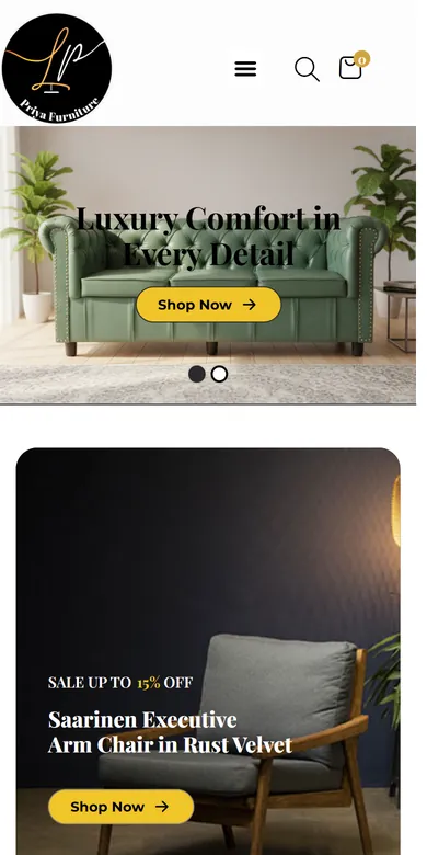 Priya Furniture website on a mobile phone