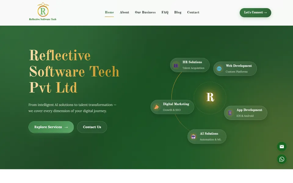 Homepage of Reflective Software Tech on desktop, designed and built by Razegreen