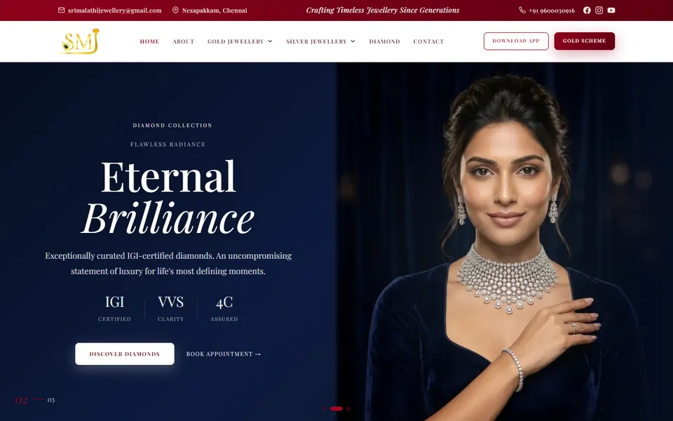 Homepage of Sri Malathi Jewellery on desktop, designed and built by Razegreen